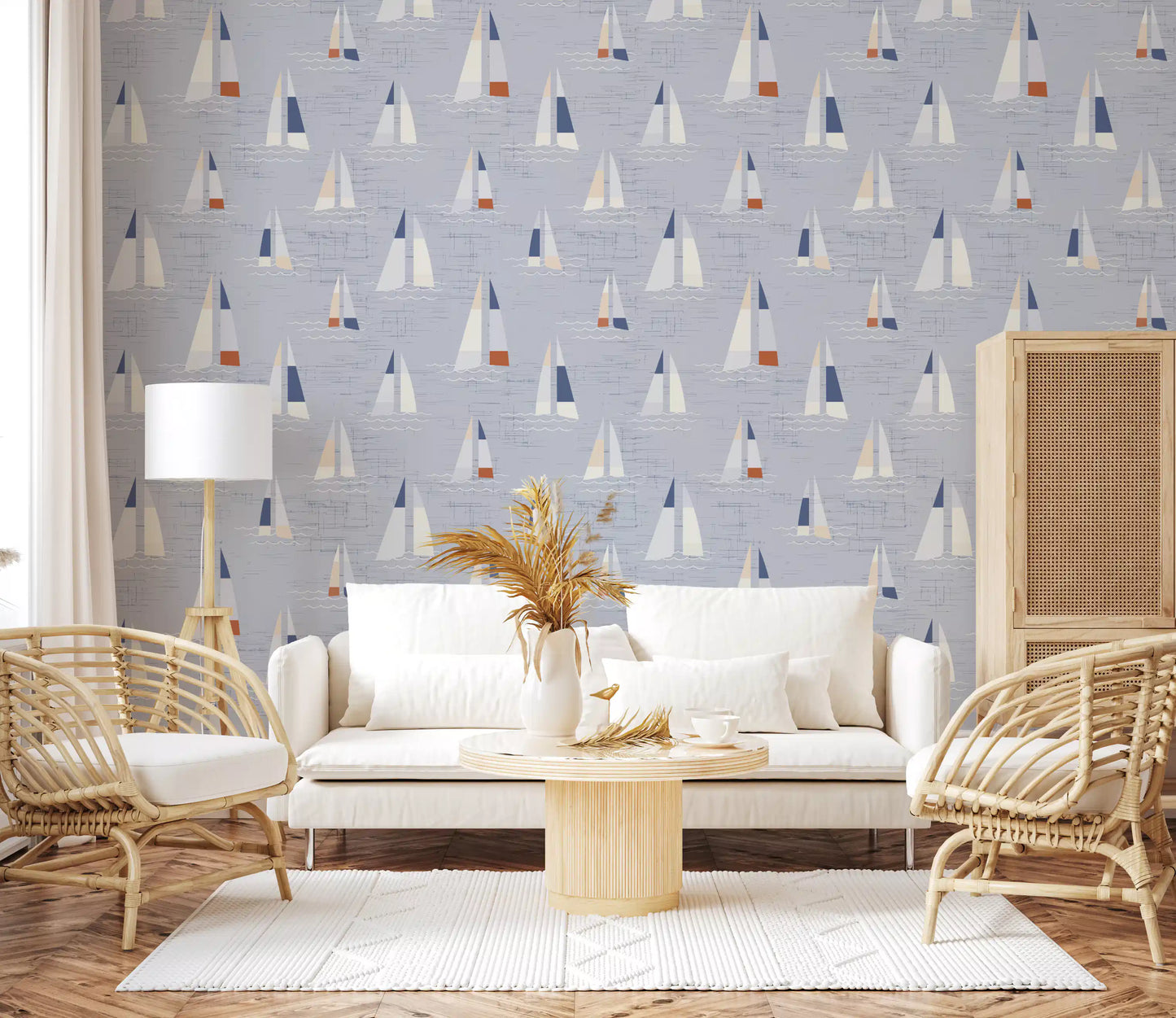 Coastal Blue Mid Century Sailboats Wallpaper Wallpaper⁠