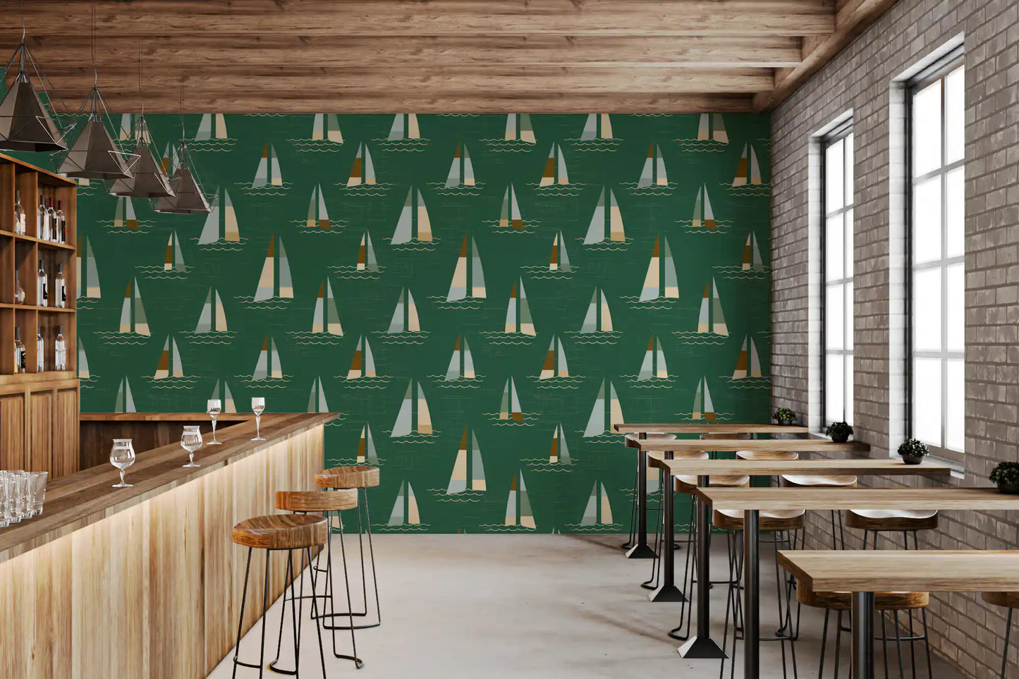 Emerald Green Mid Century Sailboats Wallpaper Wallpaper⁠