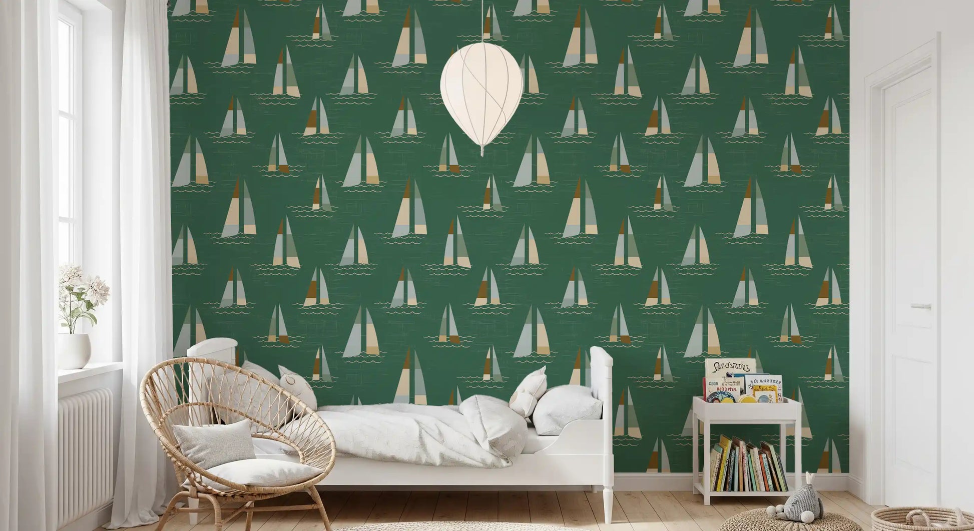 Emerald Green Mid Century Sailboats Wallpaper Wallpaper⁠
