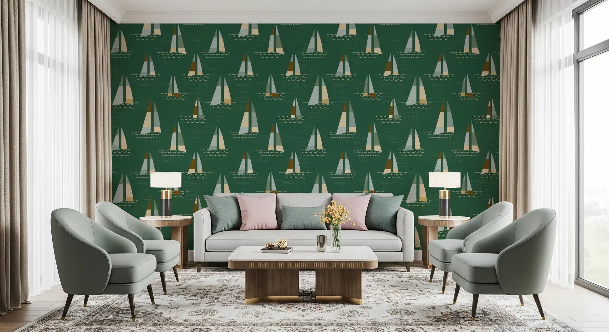 Emerald Green Mid Century Sailboats Wallpaper Wallpaper⁠