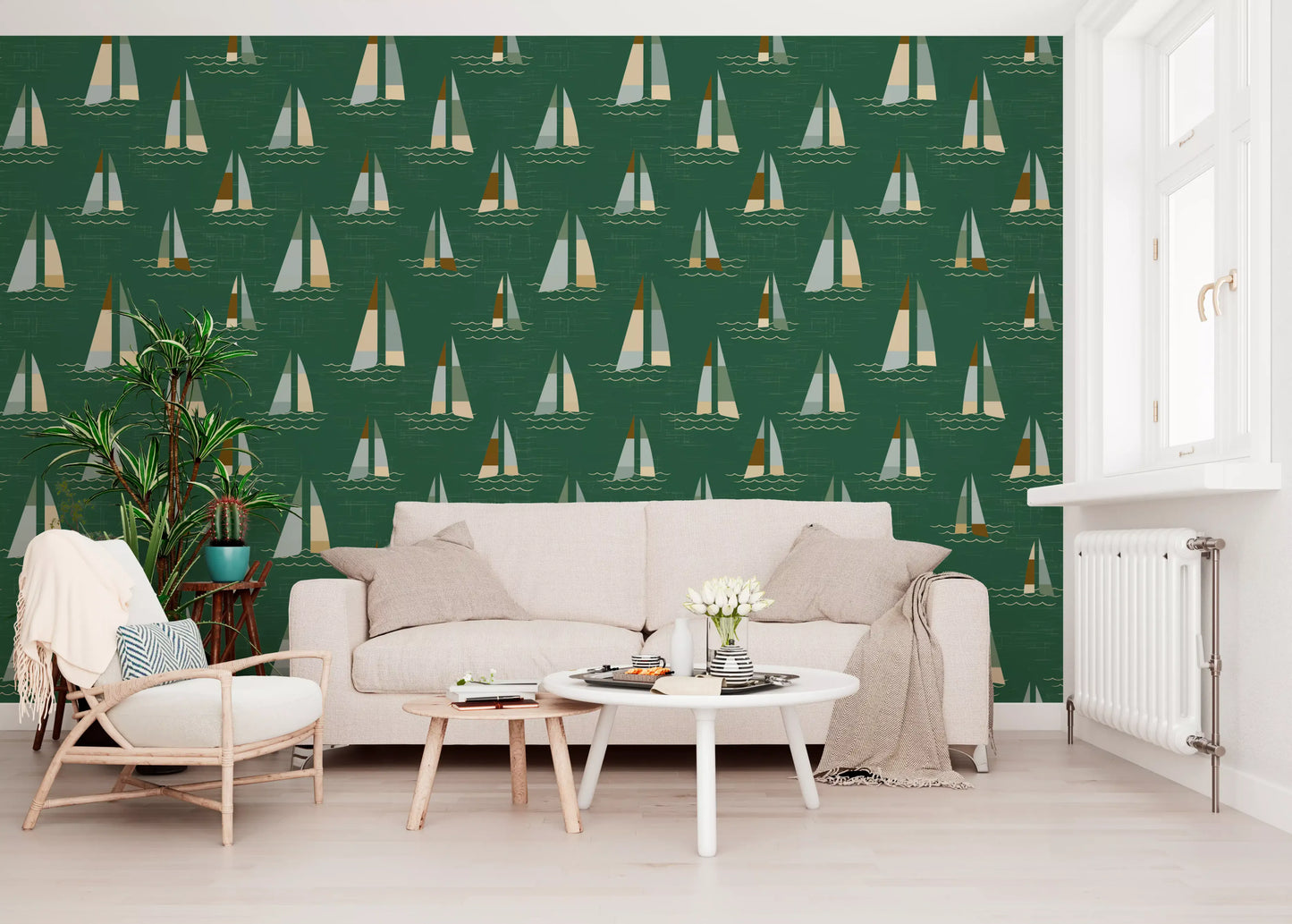 Emerald Green Mid Century Sailboats Wallpaper Wallpaper⁠