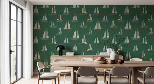 Dining edge styled in emerald green mid century sailboats wallpaper, deep scene