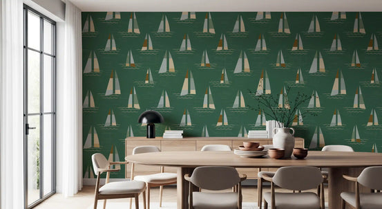 Dining edge styled in emerald green mid century sailboats wallpaper, deep scene, GD10689