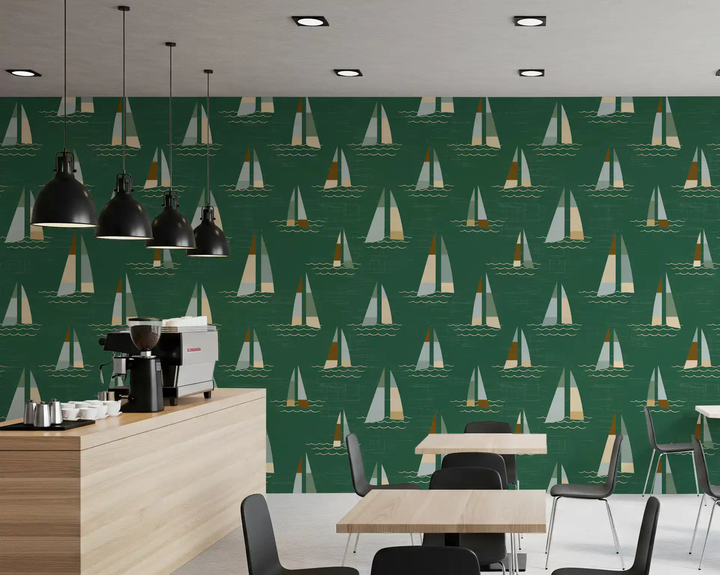 Emerald Green Mid Century Sailboats Wallpaper Wallpaper⁠