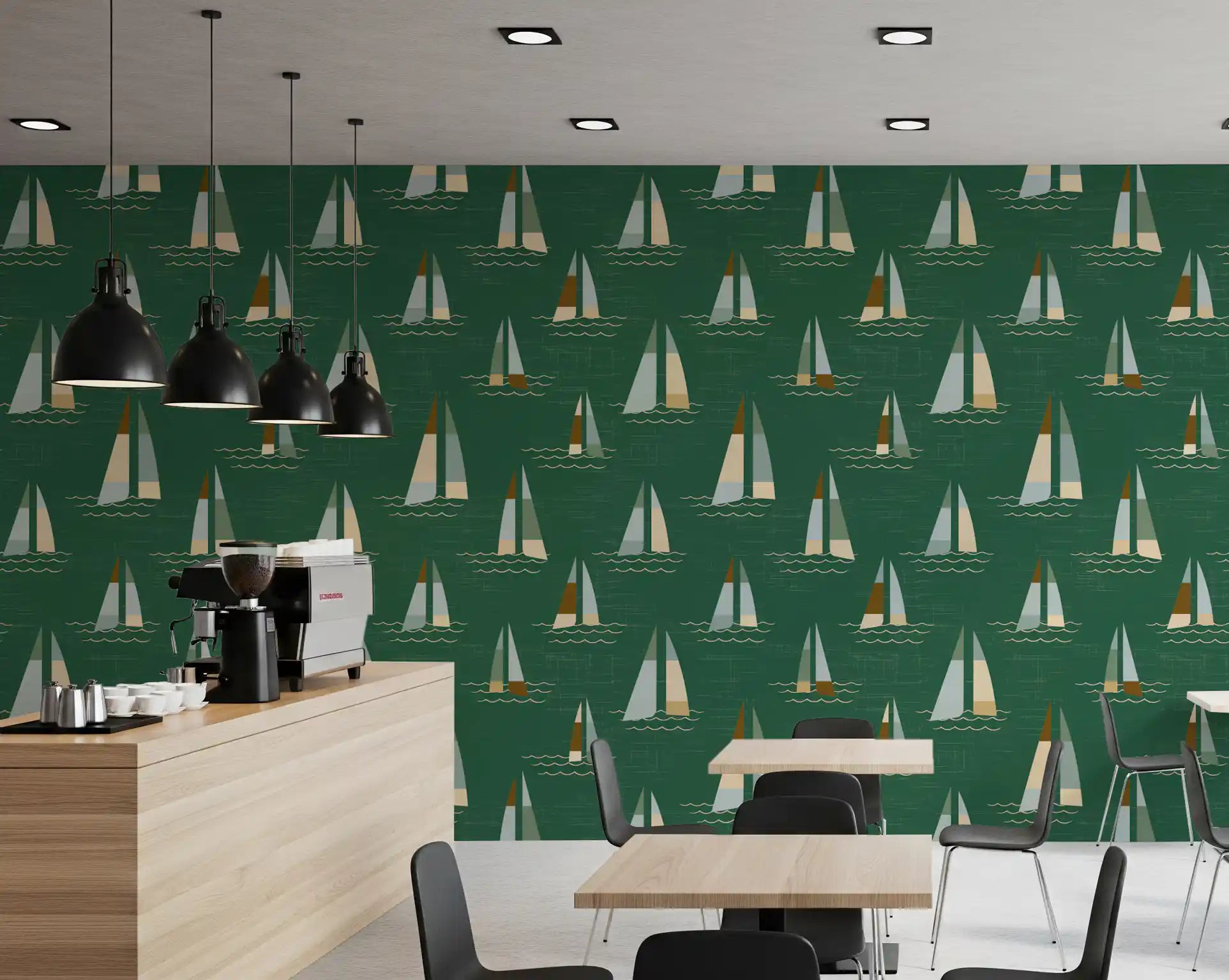 Emerald Green Mid Century Sailboats Wallpaper Wallpaper⁠