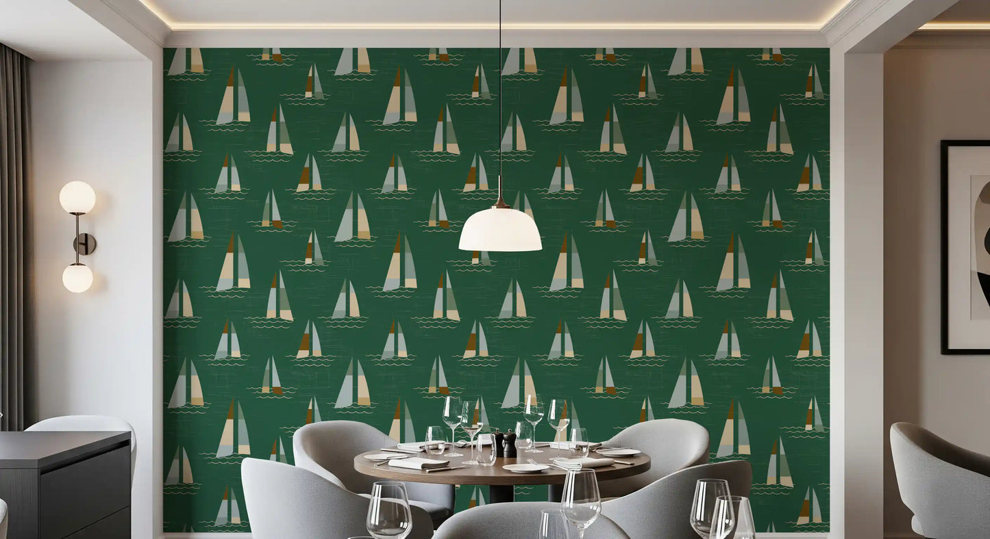 Emerald Green Mid Century Sailboats Wallpaper Wallpaper⁠