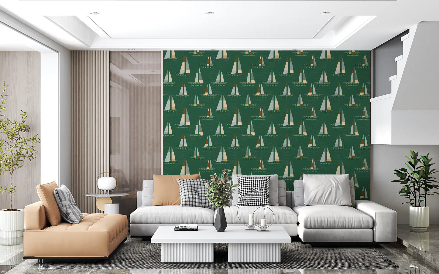 Emerald Green Mid Century Sailboats Wallpaper Wallpaper⁠