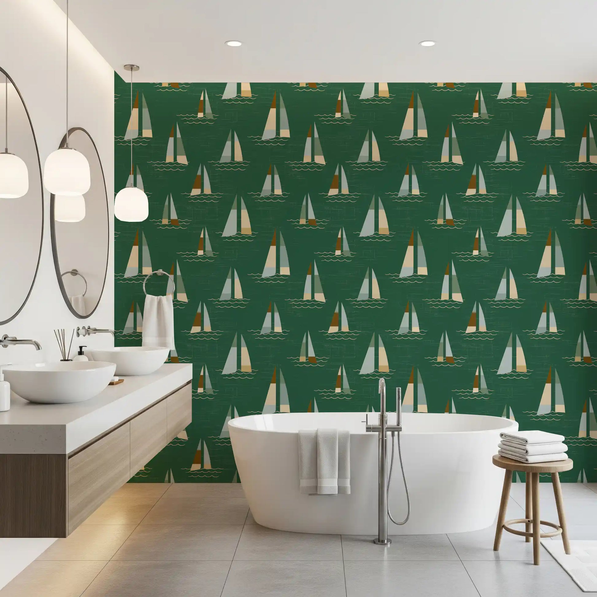 Emerald Green Mid Century Sailboats Wallpaper Wallpaper⁠