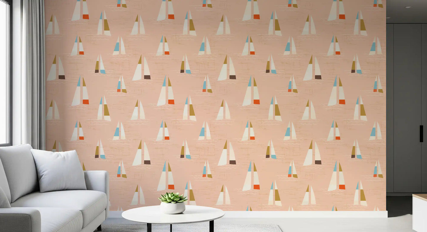 Peach Mid Century Sailboats Wallpaper Wallpaper⁠
