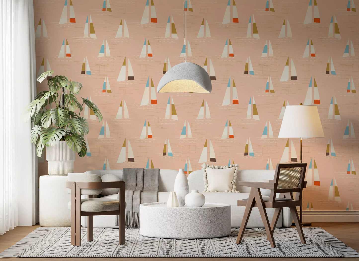Peach Mid Century Sailboats Wallpaper Wallpaper⁠