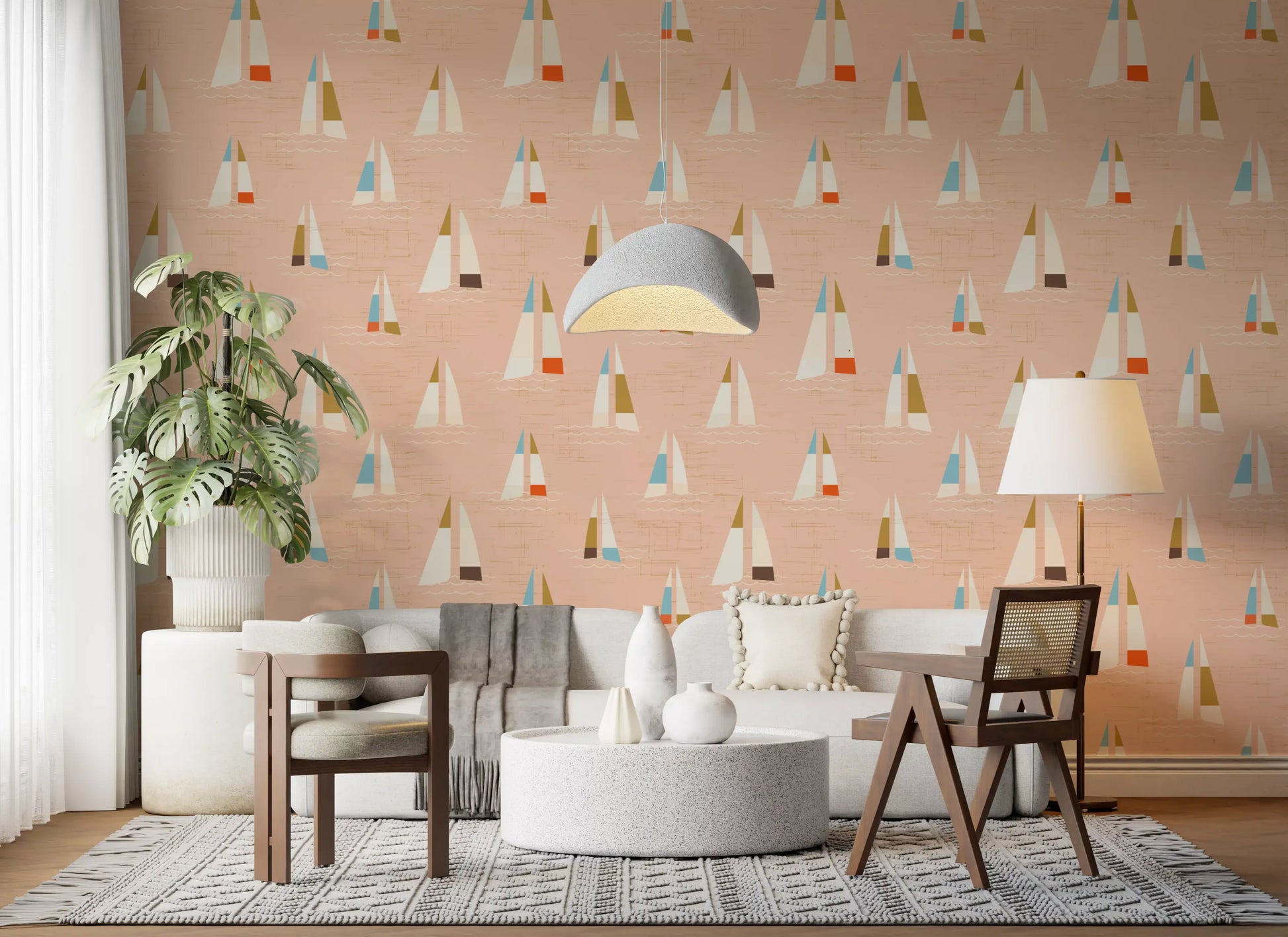 Peach Mid Century Sailboats Wallpaper Wallpaper⁠