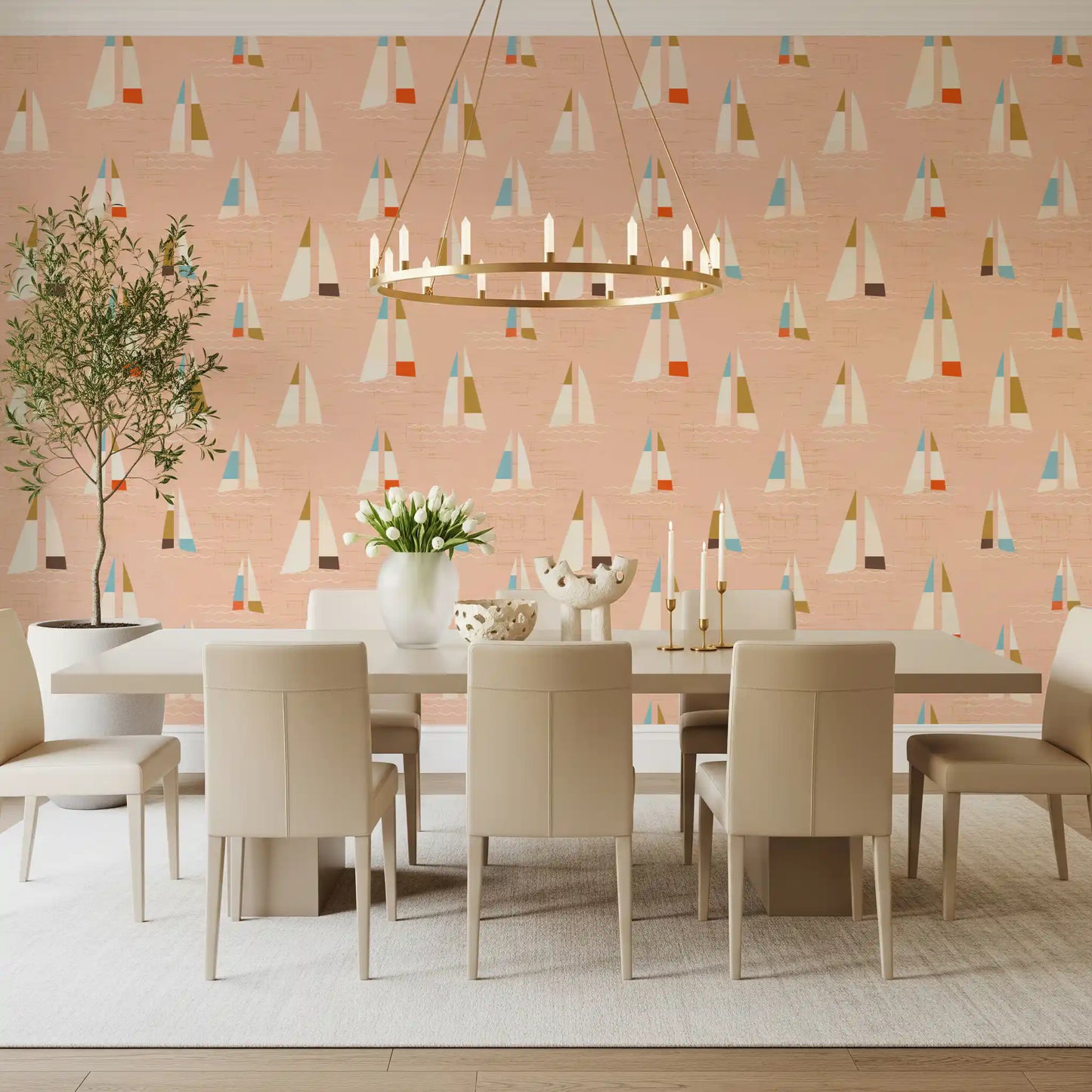 Peach Mid Century Sailboats Wallpaper Wallpaper⁠