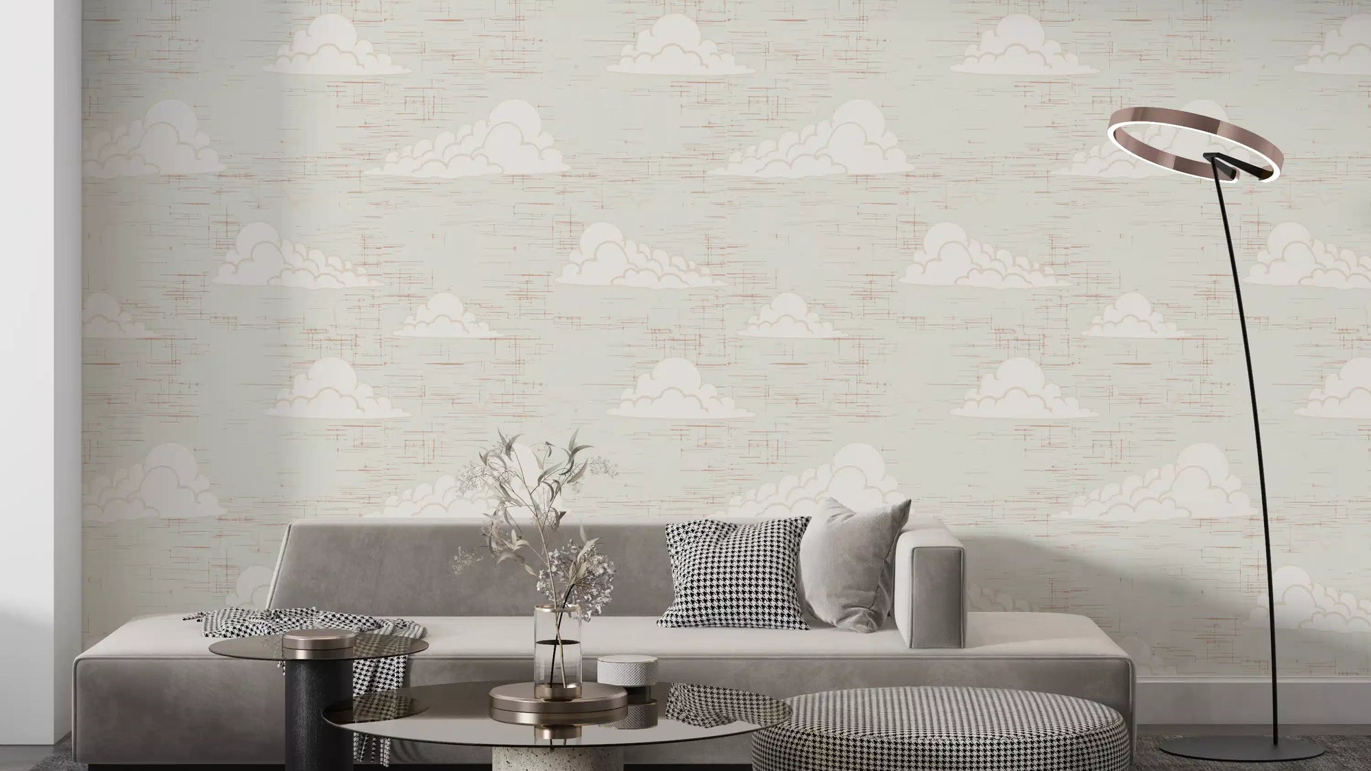 Living room corner washed in Cream Mid Century Cloud Sky Wallpaper warmth, GD10691