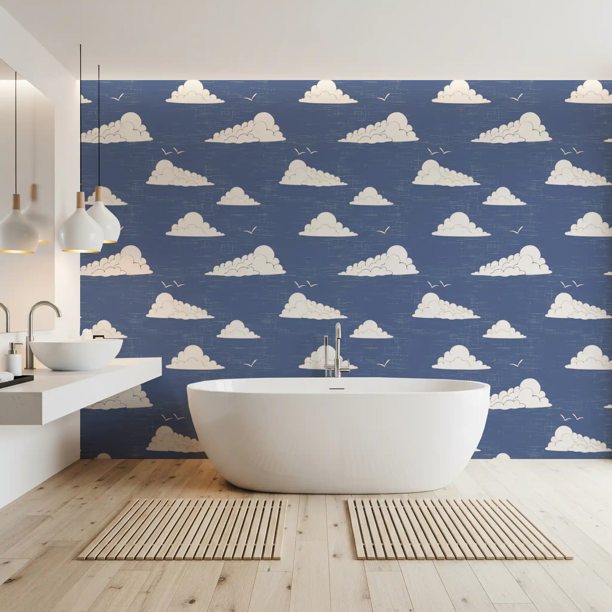 Bathroom shaped around dusty blue mid century cloud sky wallpaper accents, GD10692