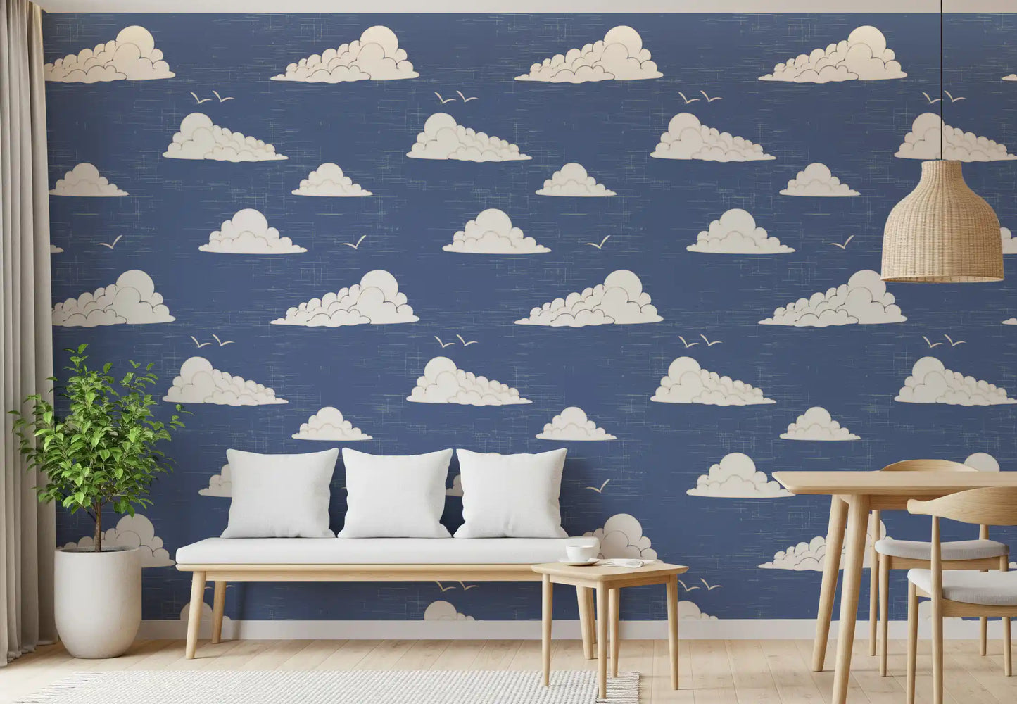 Dusty Blue Mid Century Cloud Sky  Wallpaper⁠