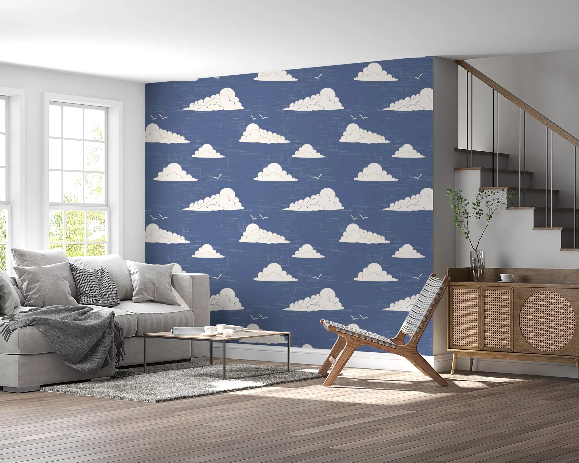 Dusty Blue Mid Century Cloud Sky  Wallpaper⁠