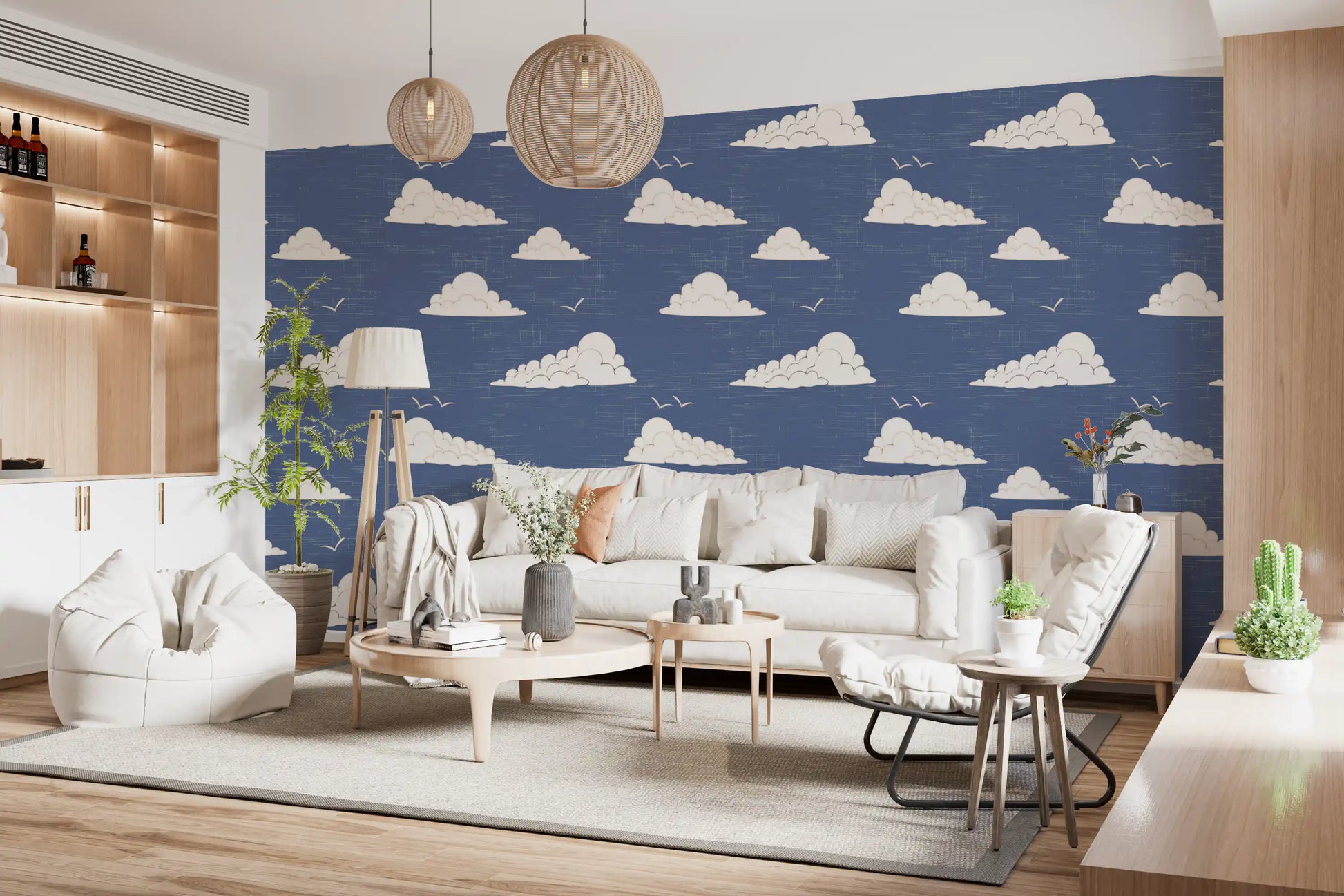 Dusty Blue Mid Century Cloud Sky  Wallpaper⁠