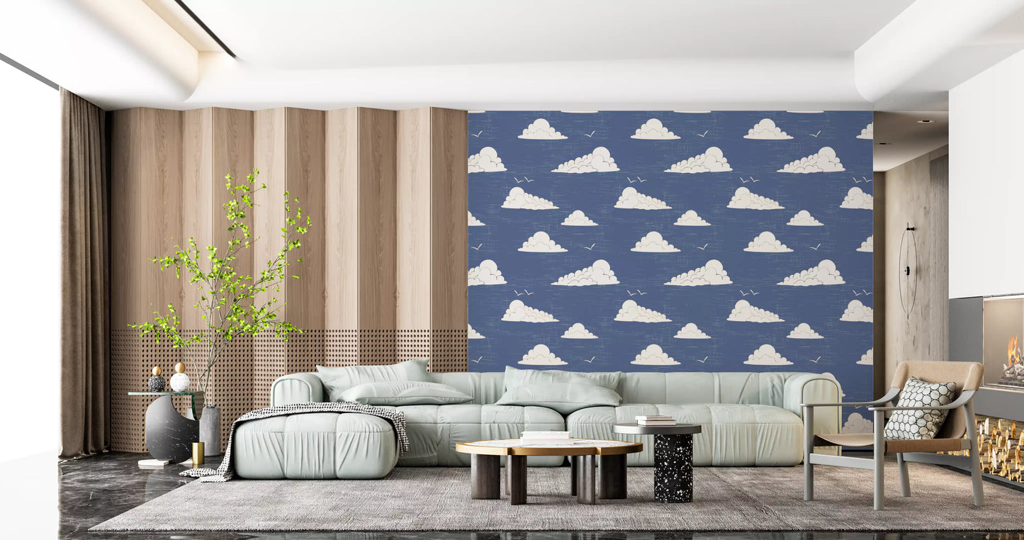 Dusty Blue Mid Century Cloud Sky  Wallpaper⁠