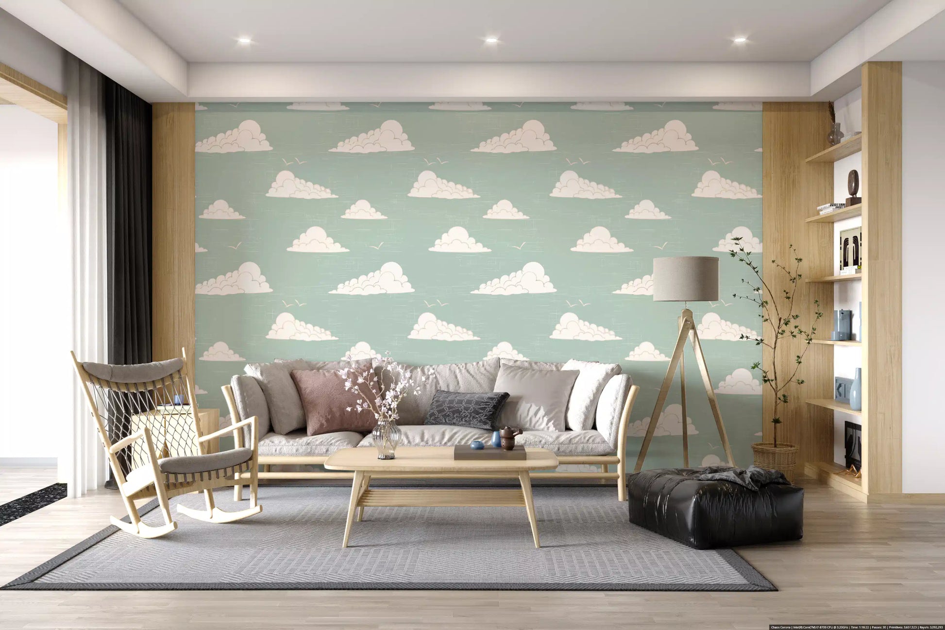 Light Sage Mid Century Cloud Sky Wallpaper Wallpaper⁠