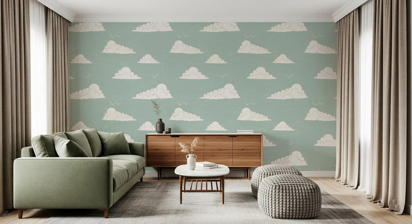 Light Sage Mid Century Cloud Sky Wallpaper Wallpaper⁠