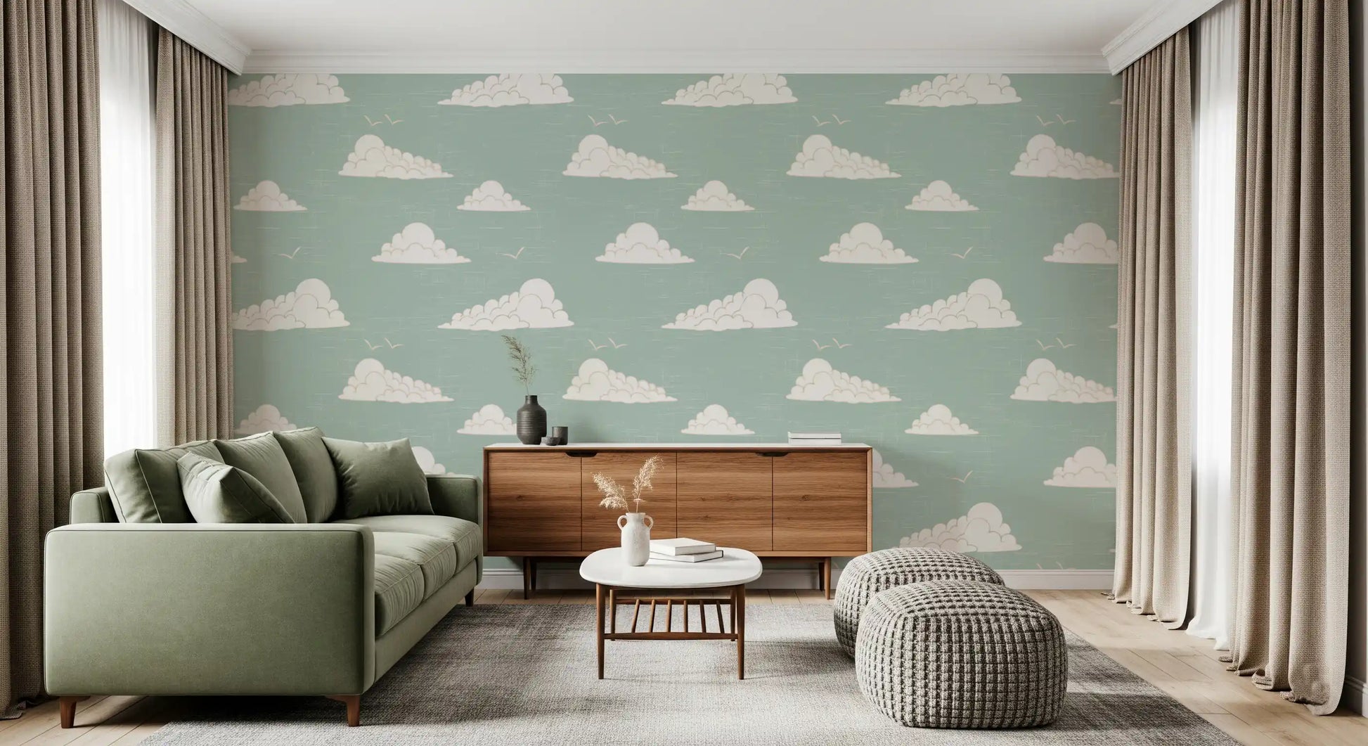 Light Sage Mid Century Cloud Sky Wallpaper Wallpaper⁠