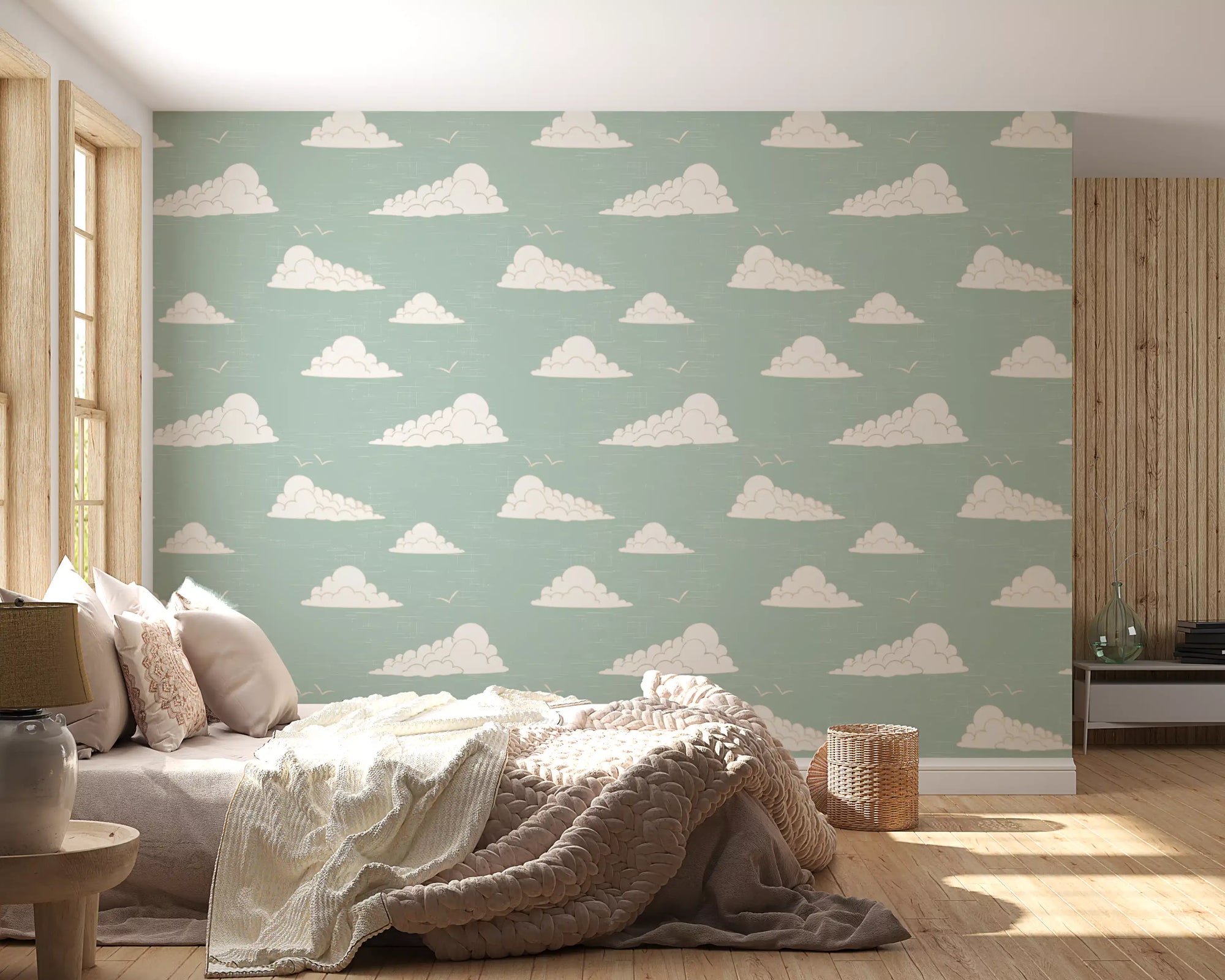 Bedroom dressed up by light sage cloud sky wallpaper in mid century style, GD10693