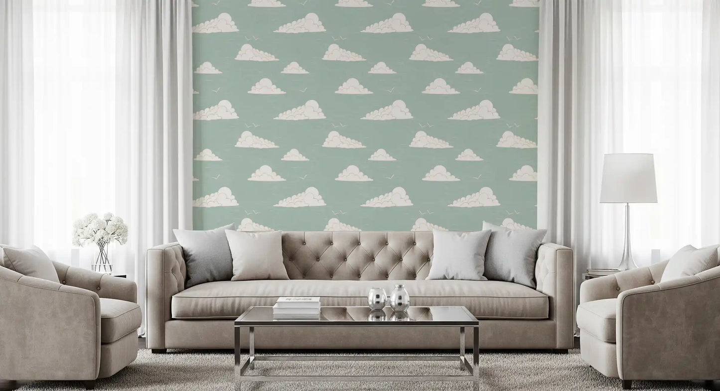 Light Sage Mid Century Cloud Sky Wallpaper Wallpaper⁠