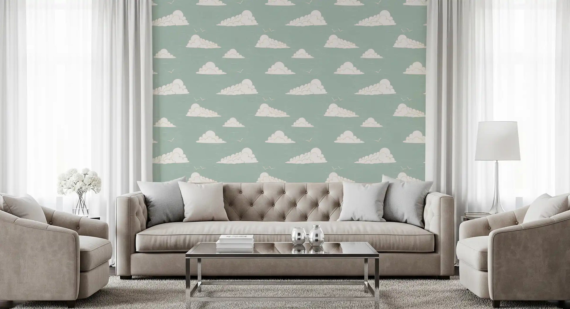Light Sage Mid Century Cloud Sky Wallpaper Wallpaper⁠