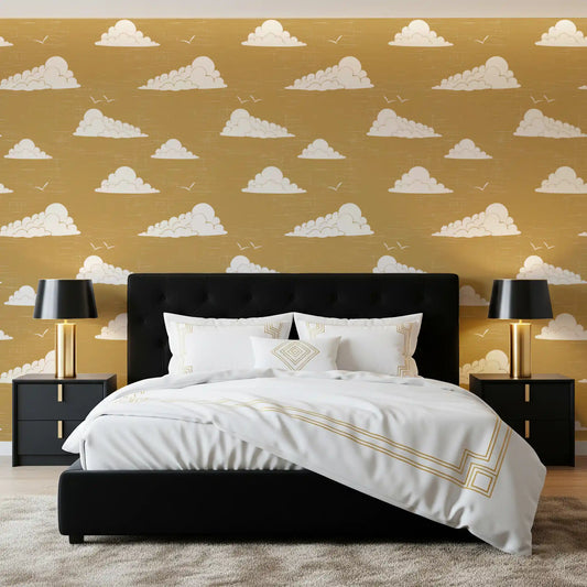 Mustard cloud wallpaper using Mustard Mid Century Cloud Sky Wallpaper for bedroom.