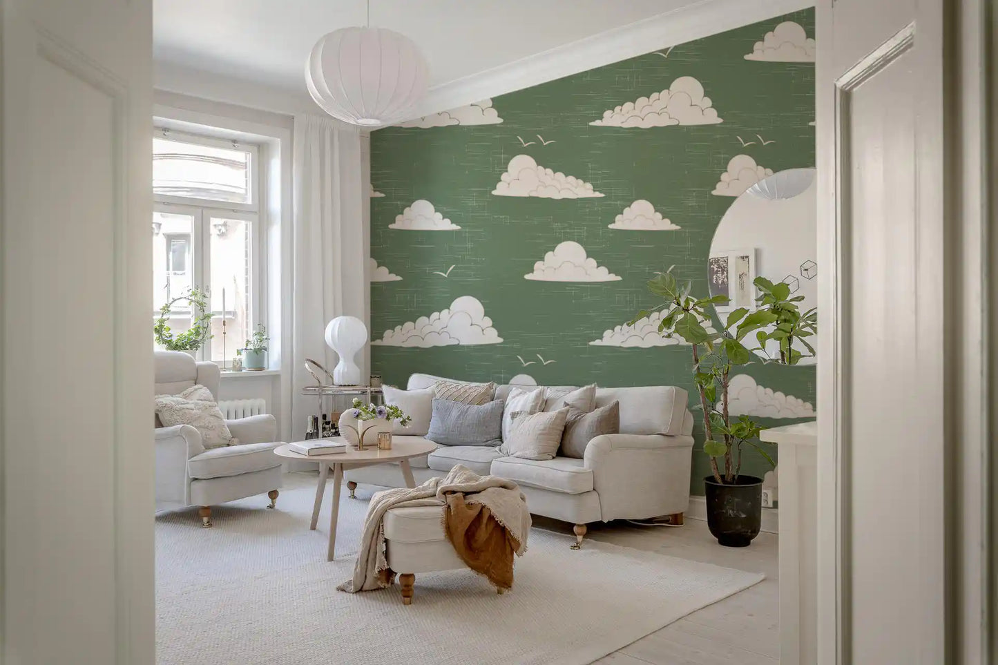 Sage Green Mid Century Cloud Sky Wallpaper Wallpaper⁠