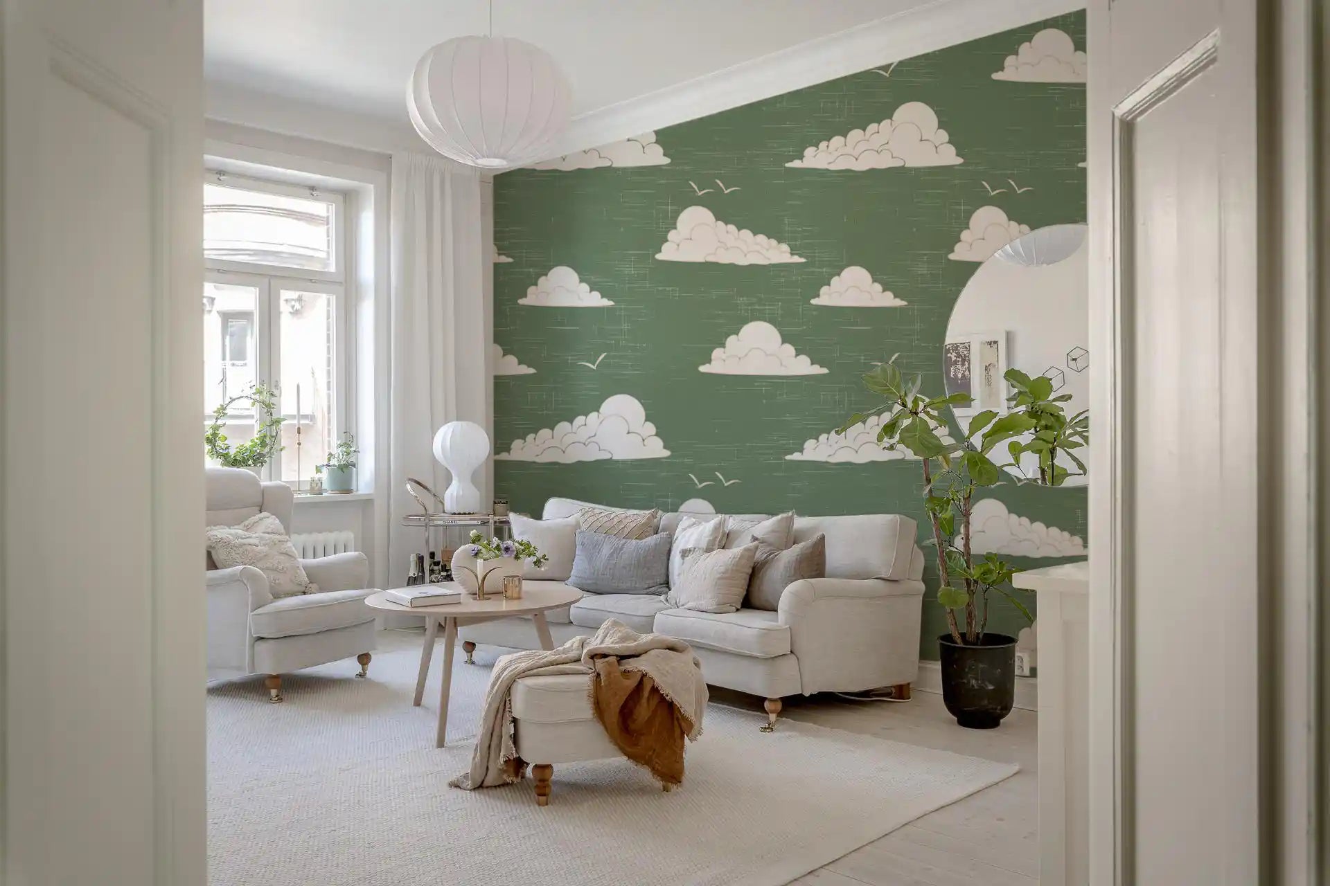Sage Green Mid Century Cloud Sky Wallpaper Wallpaper⁠