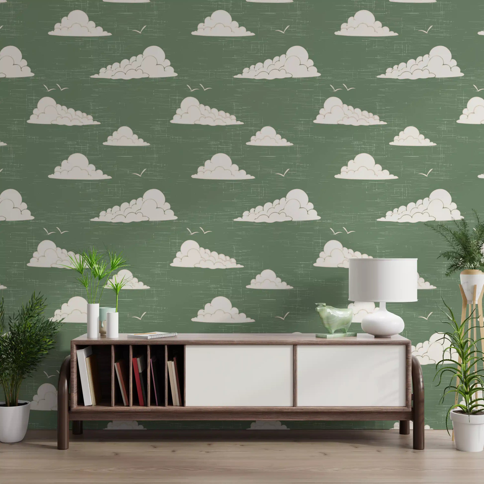 Sage Green Mid Century Cloud Sky Wallpaper Wallpaper⁠