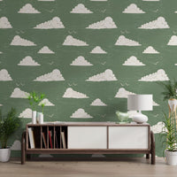 Sage Green Mid Century Cloud Sky Wallpaper Wallpaper⁠
