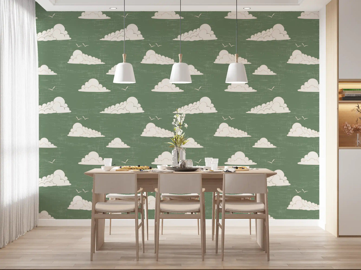 Sage Green Mid Century Cloud Sky Wallpaper Wallpaper⁠