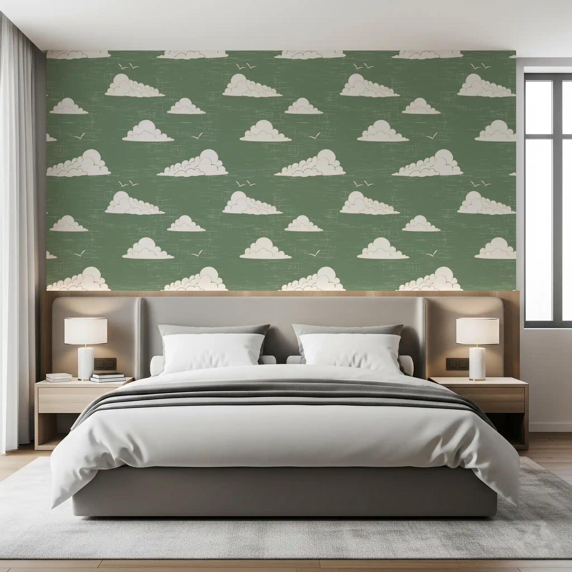 Sage Green Mid Century Cloud Sky Wallpaper Wallpaper⁠