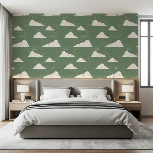 Sage green cloud wallpaper Sage Green Mid Century Cloud Sky Wallpaper