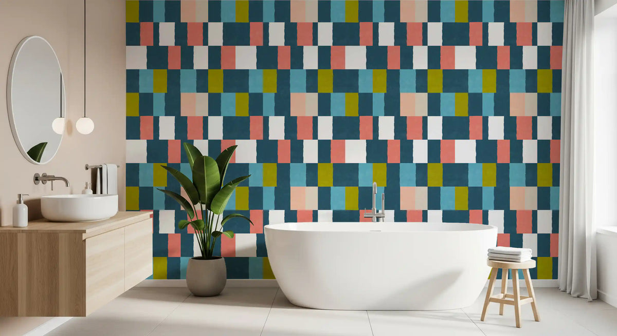 Bathroom showcasing Geometric Coastal wallpaper visual depth, GD10697