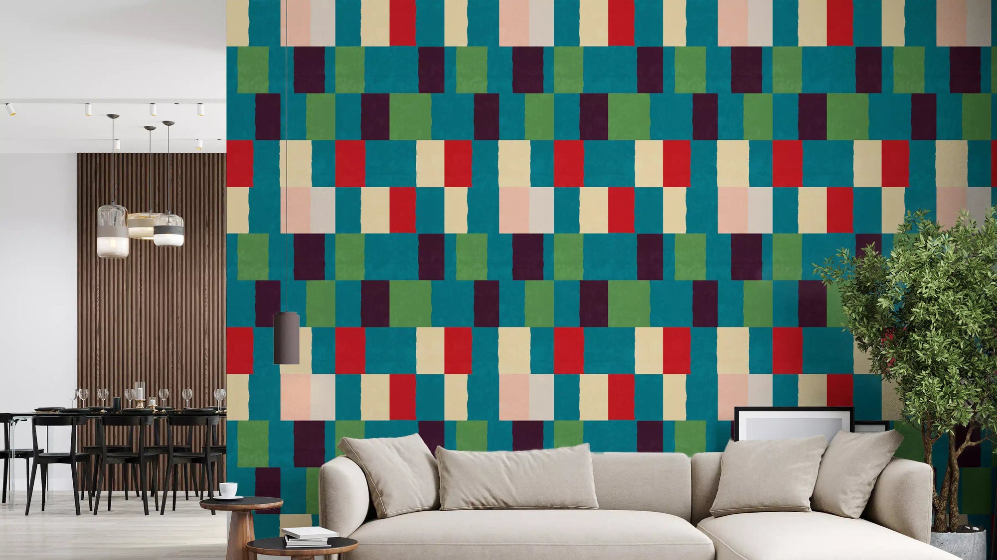 Living room accented by Geometric Jewel Tone Wallpaper with vivid hues, GD10698