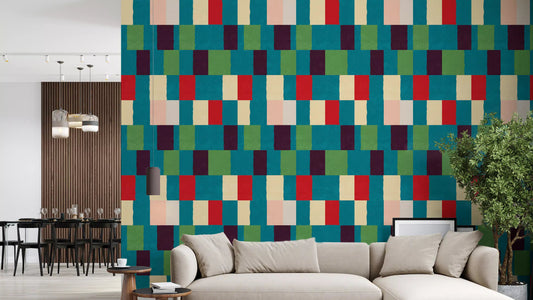 Living room accented by Geometric Jewel Tone Wallpaper with vivid hues