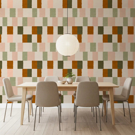 Dining room displaying Olive Earth wallpaper with artistic forms
