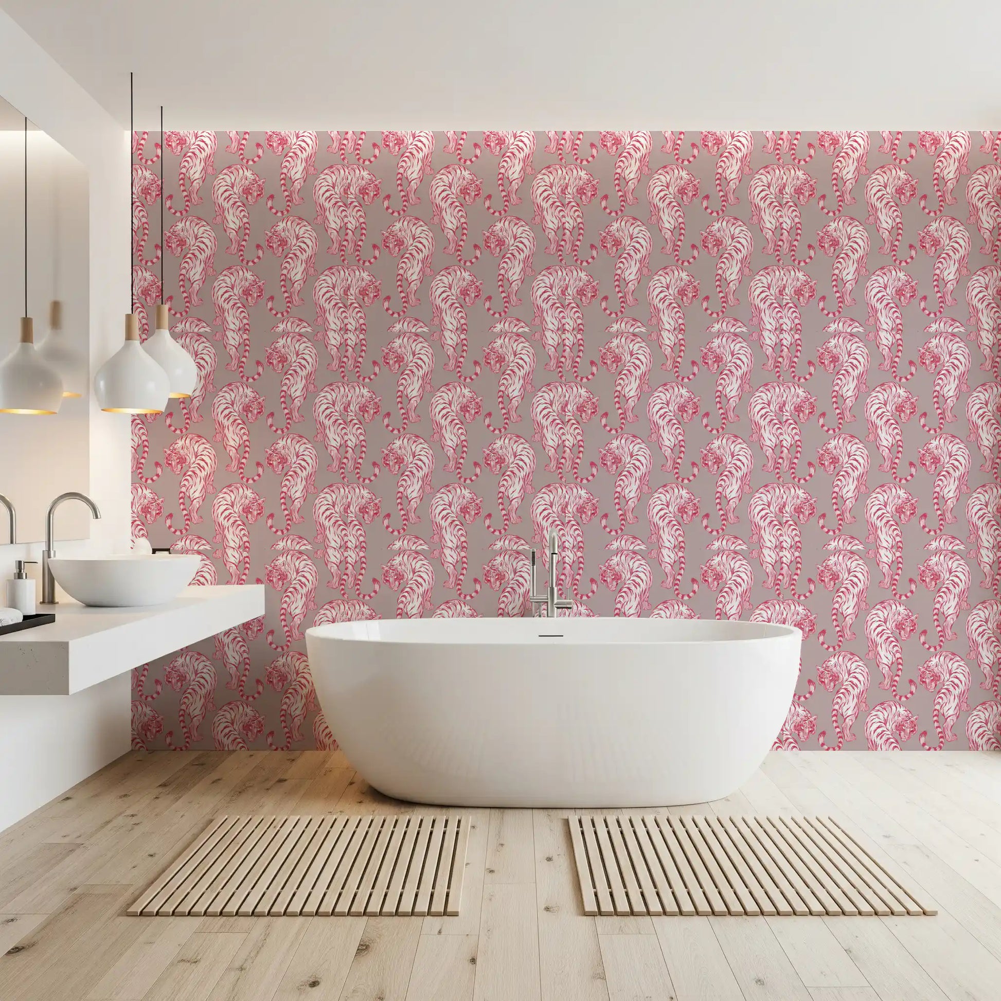 Pink Chinoiserie Tiger Pattern Wallpaper Wallpaper⁠
