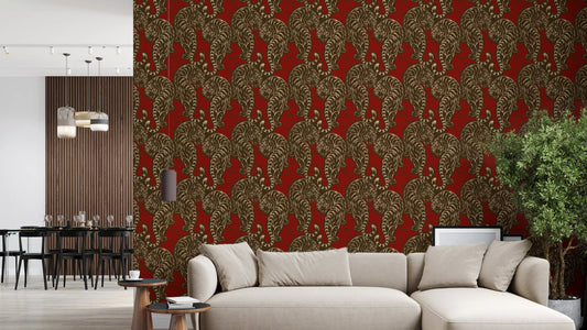 Living room showcasing Imperial Crimson Wallpaper with tiger illustrations