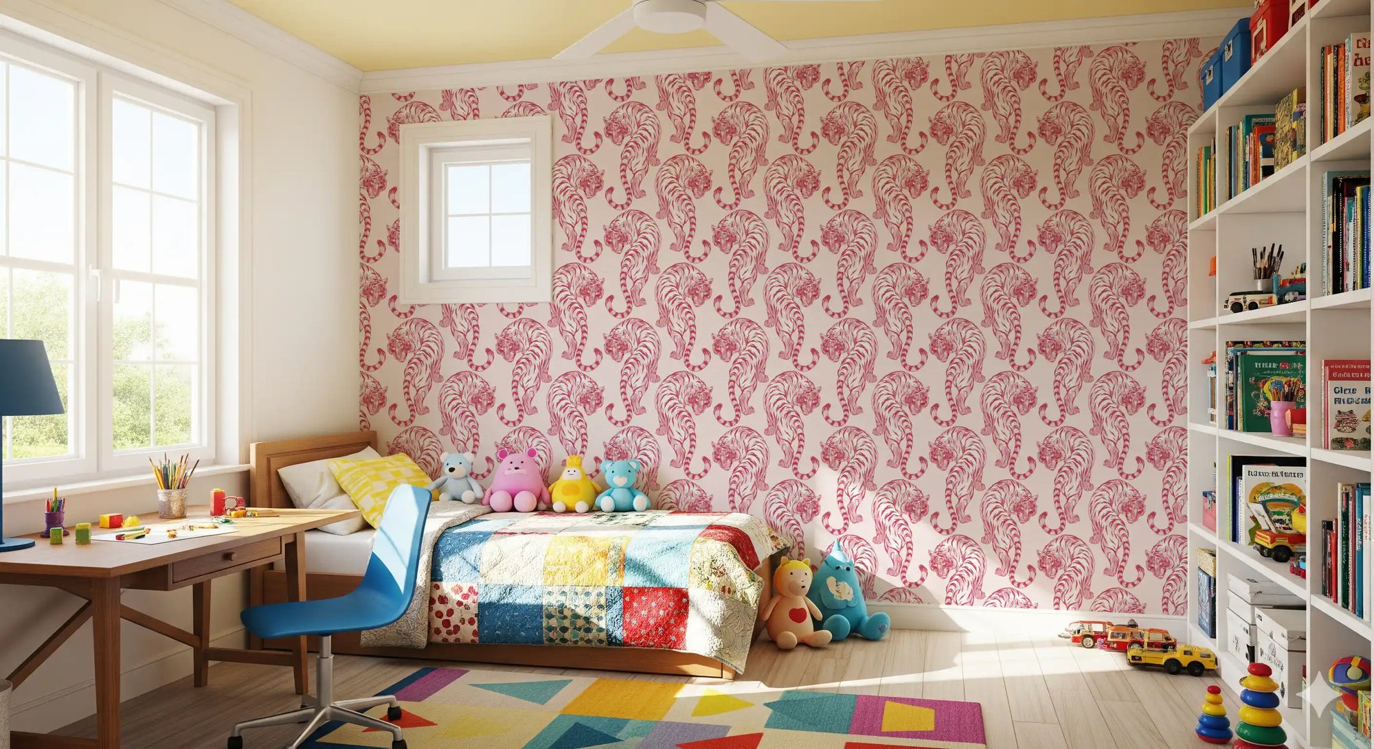 Decorative wildlife scene with Crimson Tiger Wallpaper in repeating pattern for a kids room., GD10710