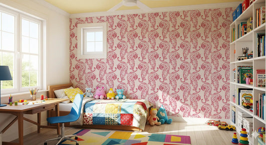 Decorative wildlife scene with Crimson Tiger Wallpaper in repeating pattern for a kids room.