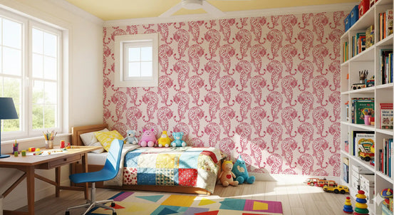 Decorative wildlife scene with Crimson Tiger Wallpaper in repeating pattern for a kids room., GD10710