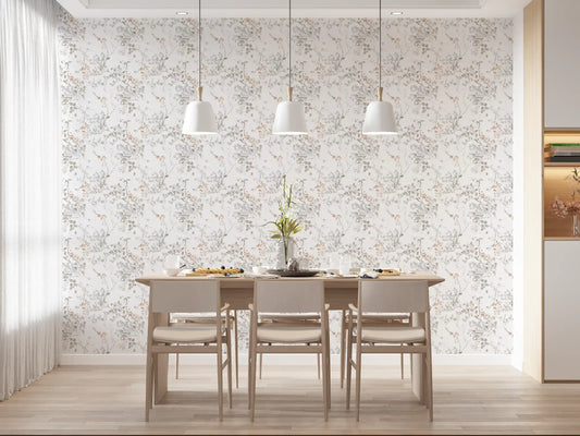 Soft floral accents featured throughout Pastel Botanicals Wallpaper design for a dining area.