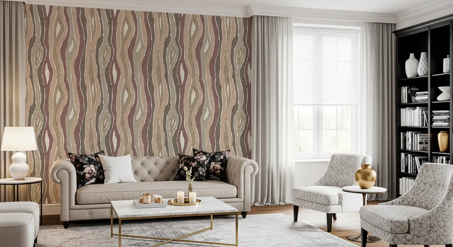 Organic Wavy Woodgrain Vertical Stripes - Earthy Mauve Wallpaper⁠
