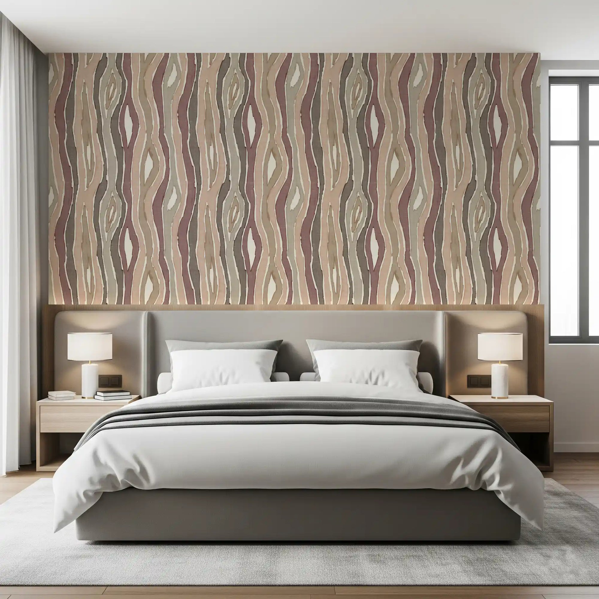 Bedroom sweetened by Organic Wavy Woodgrain Stripes Earthy Mauve Wallpaper, GD10712
