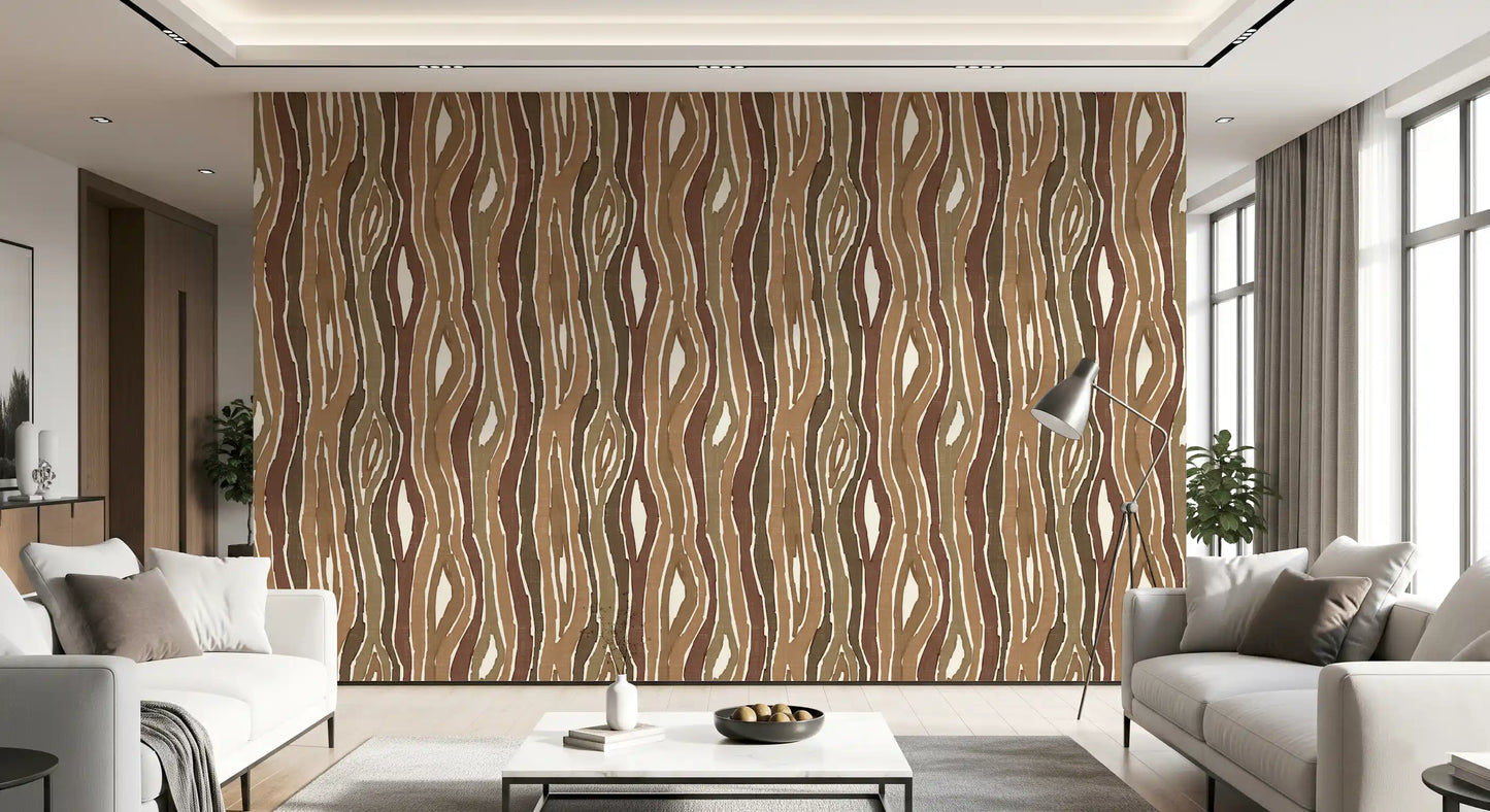 Organic Wavy Woodgrain Vertical Stripes - Earthy Bark Wallpaper⁠