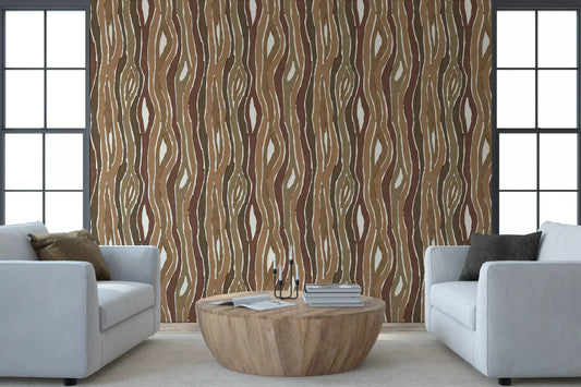 Living room enriched with Organic Wavy Woodgrain Stripes Earthy Bark Wallpaper